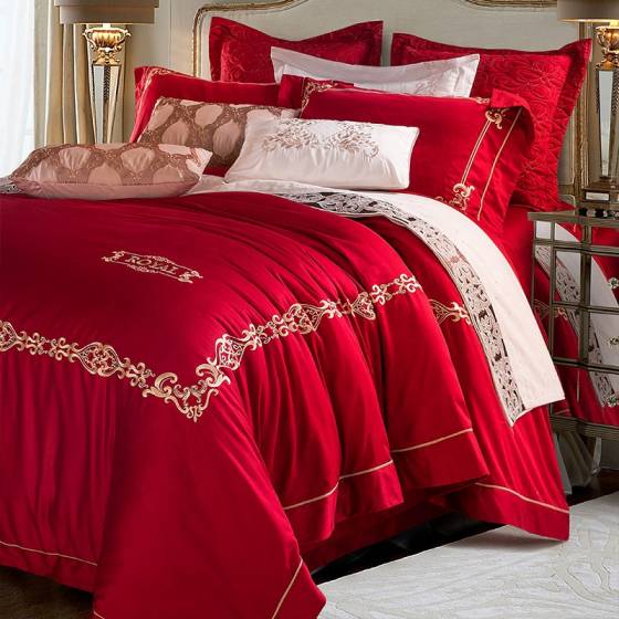 Beauty Luxury Wedding Embroidery Solid Color Bridal Bed Sheet 100% Cotton Satin Red Bedding Set